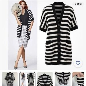 Cabi Whistle Black White Striped Woven Short Sleeved Cardigan Sweater Size XXS